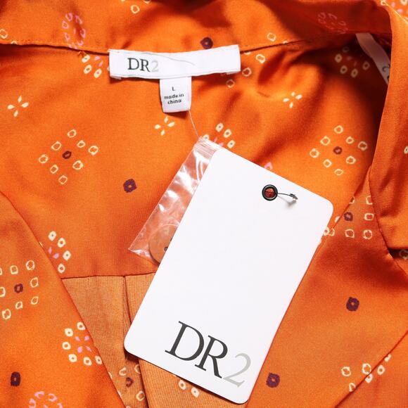 DR2 Satin Button Down Shirt Geometric Boho Vacation Resortwear Orange Pink Sze L - Picture 6 of 9